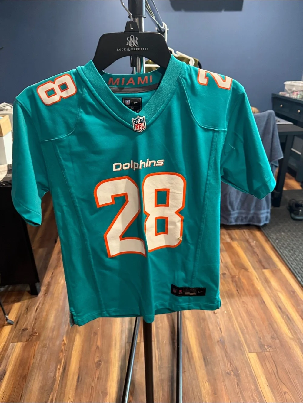 Nike Teal Dolphins #28 Kids Jersey with White & Orange Trim